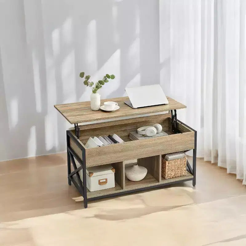 Tavolino da Salotto Sollevabile 49.9 x 100.1 x (49-62) cm con Vani Nascosti e Ripiano, Tavolino Accent per Soggiorno, Ufficio
