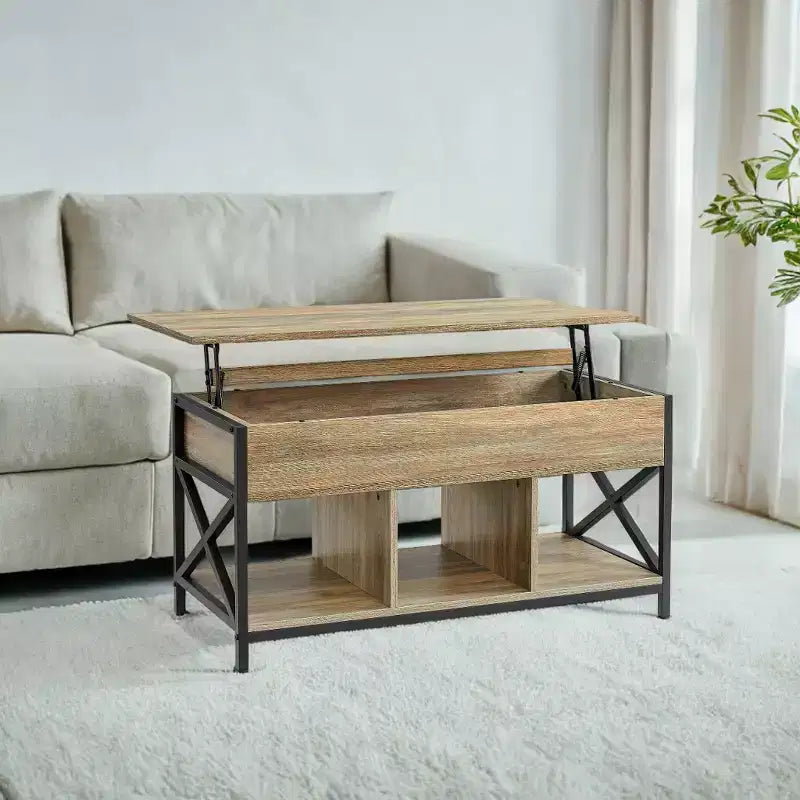 Tavolino da Salotto Sollevabile 49.9 x 100.1 x (49-62) cm con Vani Nascosti e Ripiano, Tavolino Accent per Soggiorno, Ufficio