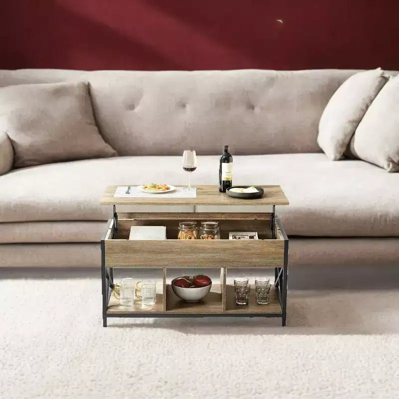 Tavolino da Salotto Sollevabile 49.9 x 100.1 x (49-62) cm con Vani Nascosti e Ripiano, Tavolino Accent per Soggiorno, Ufficio