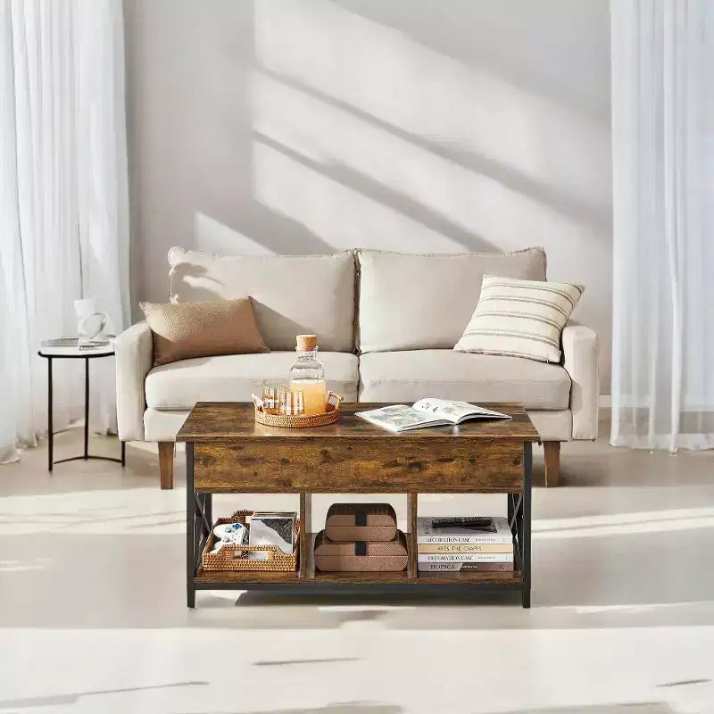 Tavolino da Salotto Sollevabile 49.9 x 100.1 x (49-62) cm con Vani Nascosti e Ripiano, Tavolino Accent per Soggiorno, Ufficio