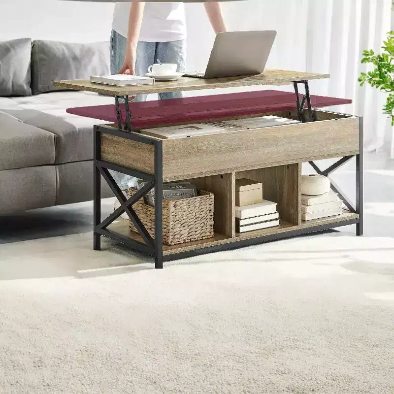 Tavolino da Salotto Sollevabile 49.9 x 100.1 x (49-62) cm con Vani Nascosti e Ripiano, Tavolino Accent per Soggiorno, Ufficio