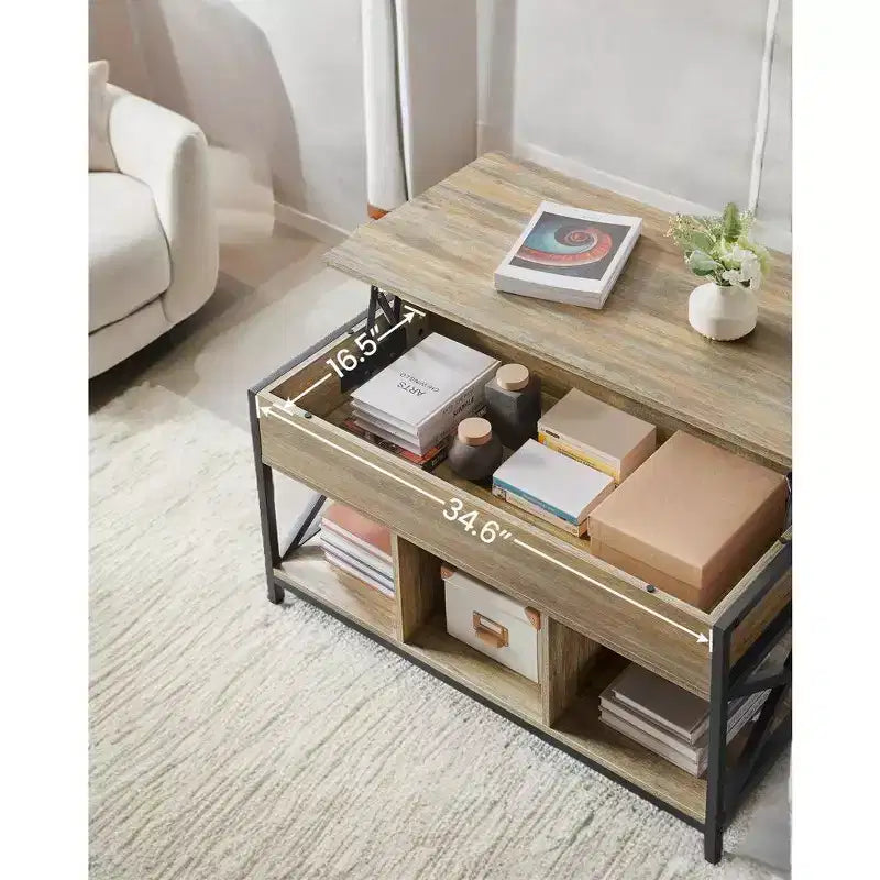 Tavolino da Salotto Sollevabile 49.9 x 100.1 x (49-62) cm con Vani Nascosti e Ripiano, Tavolino Accent per Soggiorno, Ufficio
