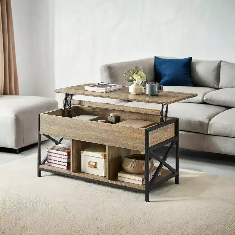 Tavolino da Salotto Sollevabile 49.9 x 100.1 x (49-62) cm con Vani Nascosti e Ripiano, Tavolino Accent per Soggiorno, Ufficio