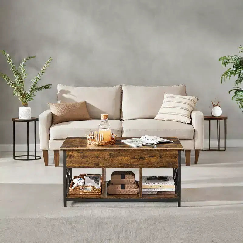 Tavolino da Salotto Sollevabile 49.9 x 100.1 x (49-62) cm con Vani Nascosti e Ripiano, Tavolino Accent per Soggiorno, Ufficio