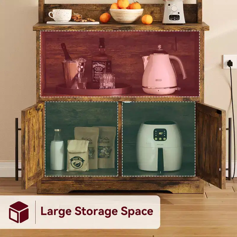 Mobiletto per forno a microonde con ripiani, mobile da cucina in legno stile rustico con presa elettrica e piano di lavoro rinforzato