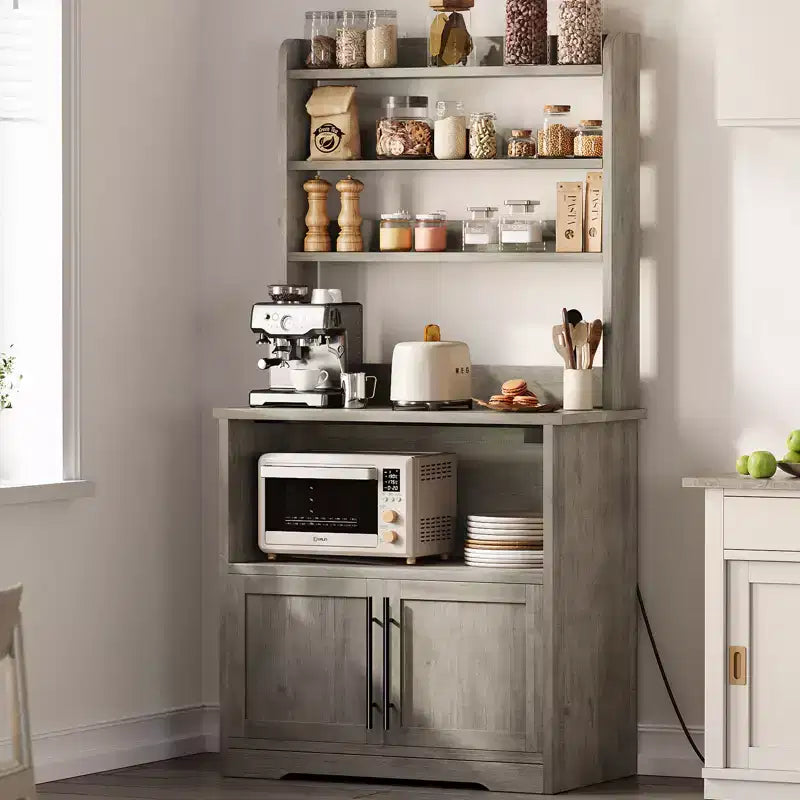 Mobiletto per forno a microonde con ripiani, mobile da cucina in legno stile rustico con presa elettrica e piano di lavoro rinforzato