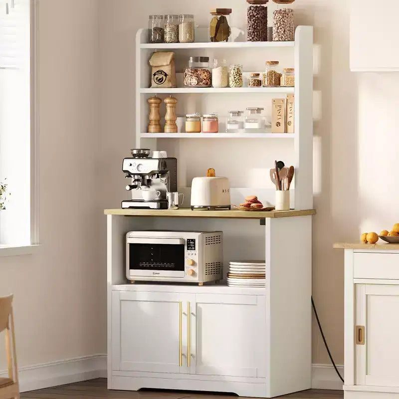 Mobiletto per forno a microonde con ripiani, mobile da cucina in legno stile rustico con presa elettrica e piano di lavoro rinforzato