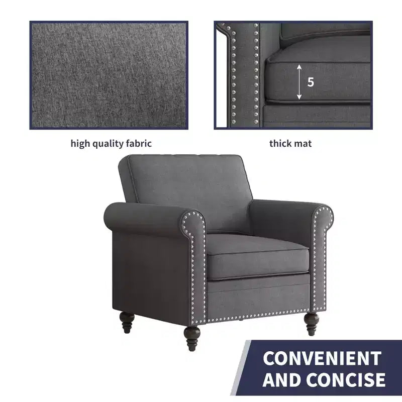 Poltrona d'Appoggio Moderna in Lino Rivet Design, Divanetto a 1 Posto Mid-Century per Casa, Ufficio e Appartamento