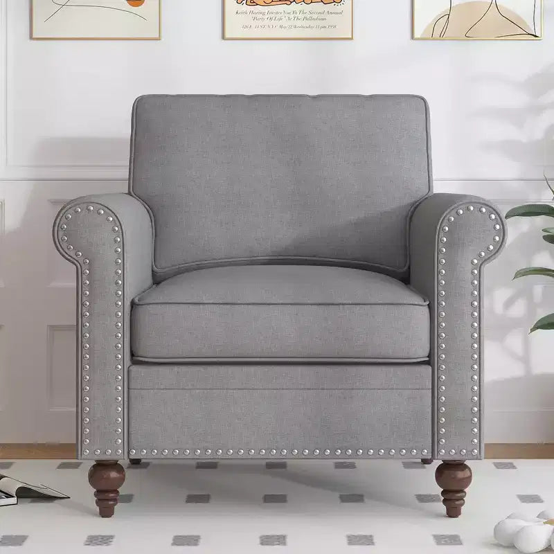 Poltrona d'Appoggio Moderna in Lino Rivet Design, Divanetto a 1 Posto Mid-Century per Casa, Ufficio e Appartamento