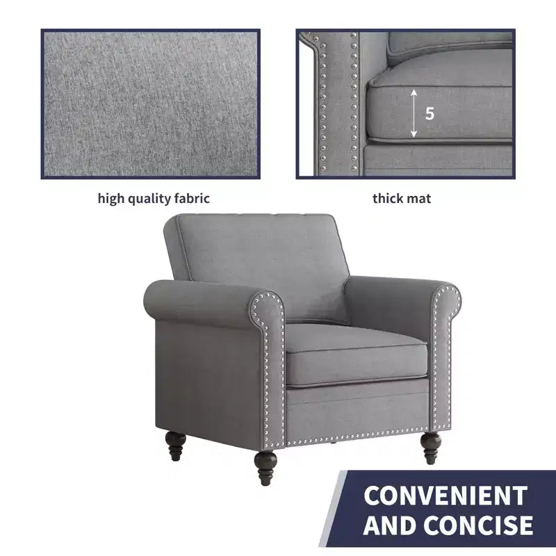 Poltrona d'Appoggio Moderna in Lino Rivet Design, Divanetto a 1 Posto Mid-Century per Casa, Ufficio e Appartamento