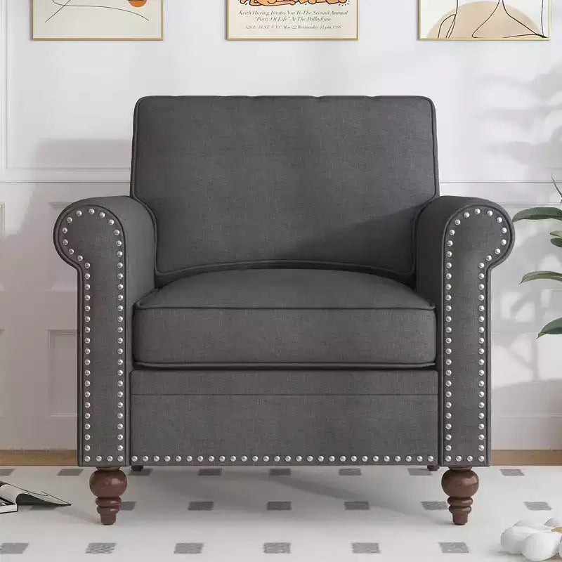 Poltrona d'Appoggio Moderna in Lino Rivet Design, Divanetto a 1 Posto Mid-Century per Casa, Ufficio e Appartamento