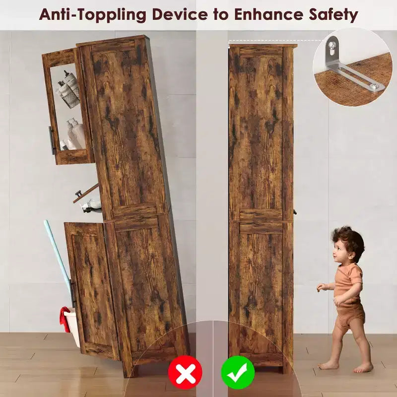 Armadietto da bagno alto, mobiletto indipendente per la biancheria con ante e ripiani regolabili, 170 cm H, per soggiorno o dispensa da cucina