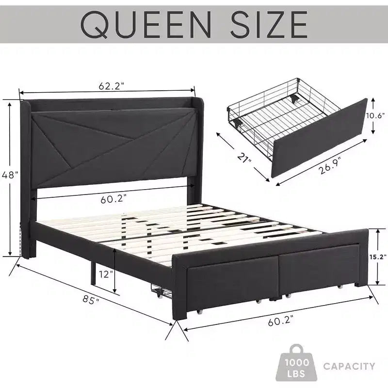 Struttura letto matrimoniale queen size con 2 cassetti portaoggetti, testiera imbottita in tessuto con stazione di ricarica, ripiano portaoggetti, nessuna necessità di rete a molle, beige