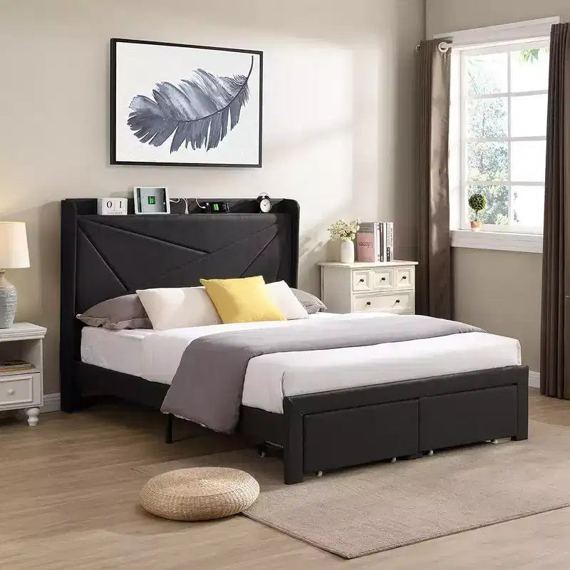 Struttura letto matrimoniale queen size con 2 cassetti portaoggetti, testiera imbottita in tessuto con stazione di ricarica, ripiano portaoggetti, nessuna necessità di rete a molle, beige