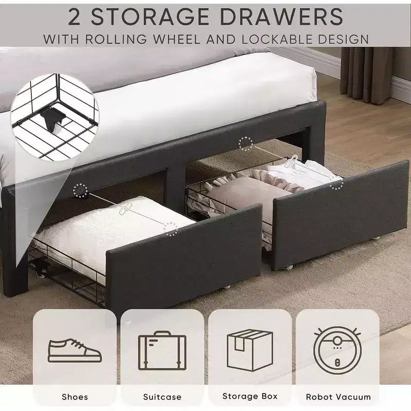 Struttura letto matrimoniale queen size con 2 cassetti portaoggetti, testiera imbottita in tessuto con stazione di ricarica, ripiano portaoggetti, nessuna necessità di rete a molle, beige