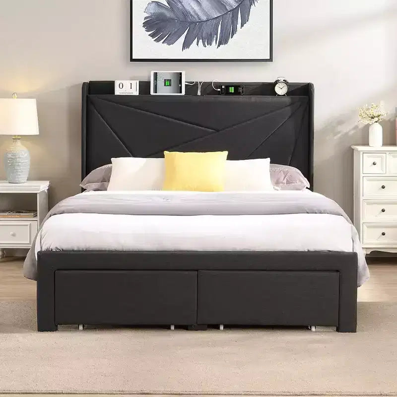 Struttura letto matrimoniale queen size con 2 cassetti portaoggetti, testiera imbottita in tessuto con stazione di ricarica, ripiano portaoggetti, nessuna necessità di rete a molle, beige