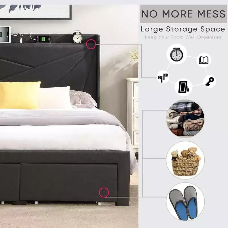 Struttura letto matrimoniale queen size con 2 cassetti portaoggetti, testiera imbottita in tessuto con stazione di ricarica, ripiano portaoggetti, nessuna necessità di rete a molle, beige