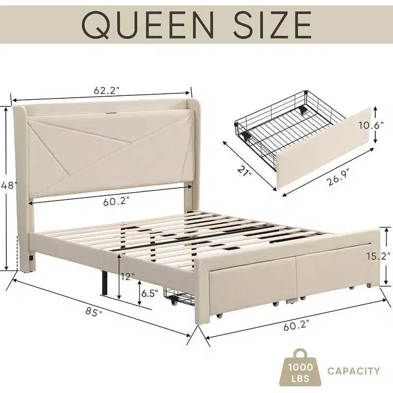 Struttura letto matrimoniale queen size con 2 cassetti portaoggetti, testiera imbottita in tessuto con stazione di ricarica, ripiano portaoggetti, nessuna necessità di rete a molle, beige