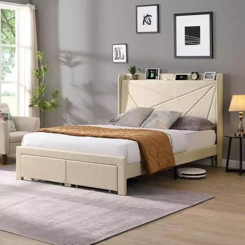 Struttura letto matrimoniale queen size con 2 cassetti portaoggetti, testiera imbottita in tessuto con stazione di ricarica, ripiano portaoggetti, nessuna necessità di rete a molle, beige