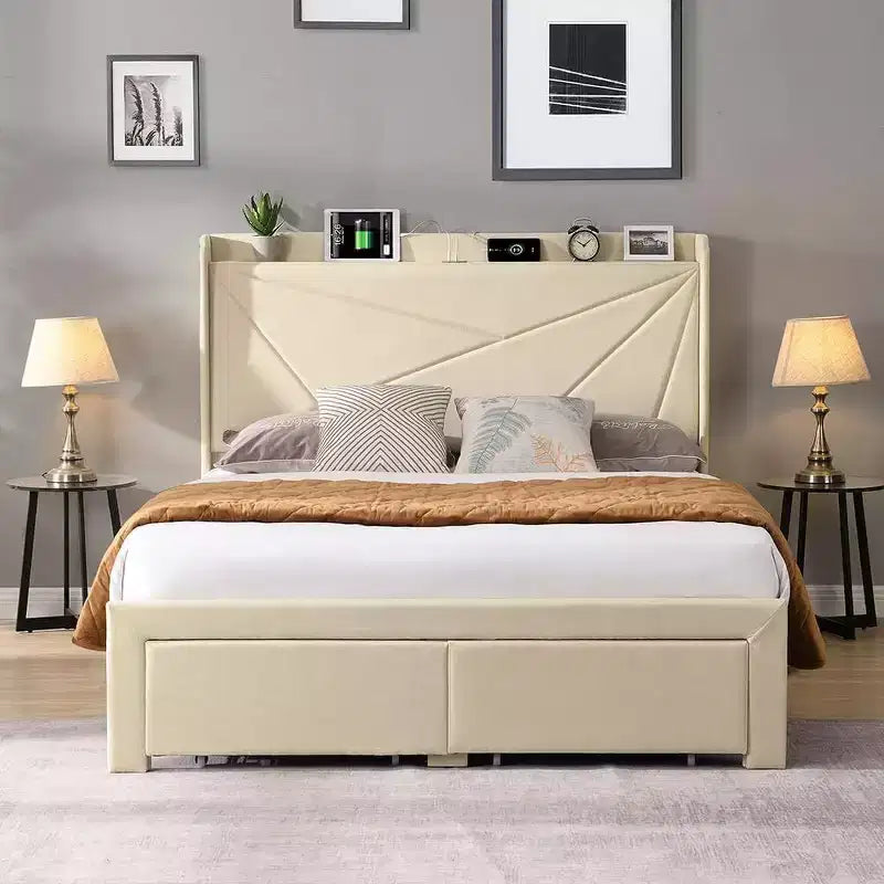 Struttura letto matrimoniale queen size con 2 cassetti portaoggetti, testiera imbottita in tessuto con stazione di ricarica, ripiano portaoggetti, nessuna necessità di rete a molle, beige