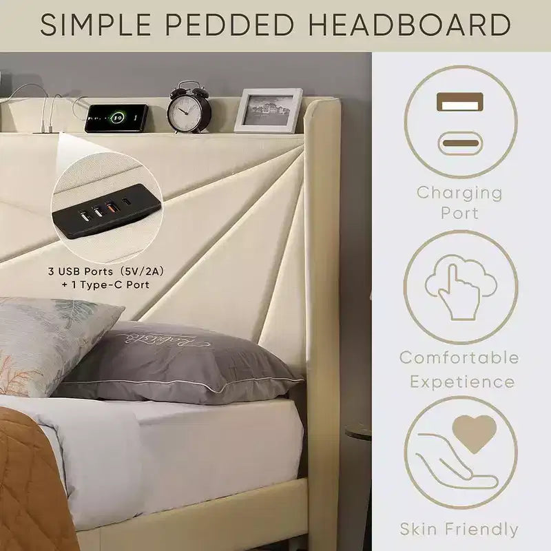 Struttura letto matrimoniale queen size con 2 cassetti portaoggetti, testiera imbottita in tessuto con stazione di ricarica, ripiano portaoggetti, nessuna necessità di rete a molle, beige