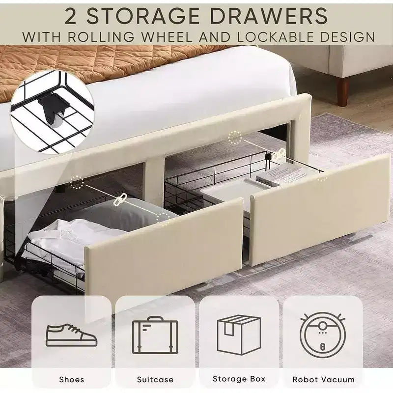 Struttura letto matrimoniale queen size con 2 cassetti portaoggetti, testiera imbottita in tessuto con stazione di ricarica, ripiano portaoggetti, nessuna necessità di rete a molle, beige