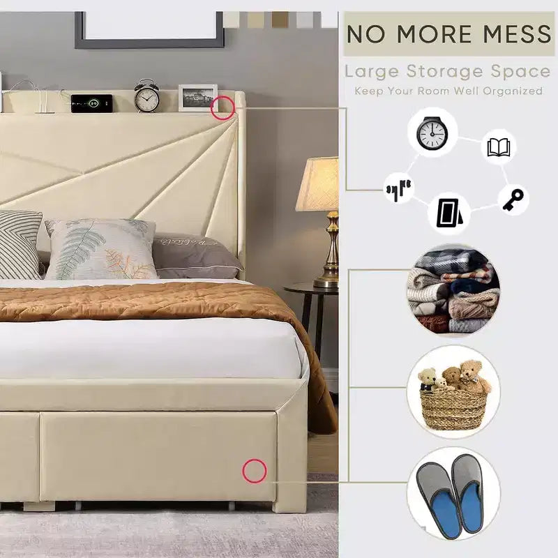Struttura letto matrimoniale queen size con 2 cassetti portaoggetti, testiera imbottita in tessuto con stazione di ricarica, ripiano portaoggetti, nessuna necessità di rete a molle, beige