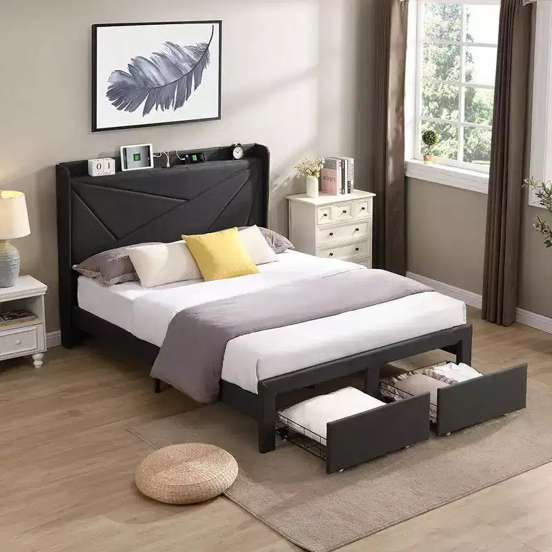 Struttura letto matrimoniale queen size con 2 cassetti portaoggetti, testiera imbottita in tessuto con stazione di ricarica, ripiano portaoggetti, nessuna necessità di rete a molle, beige