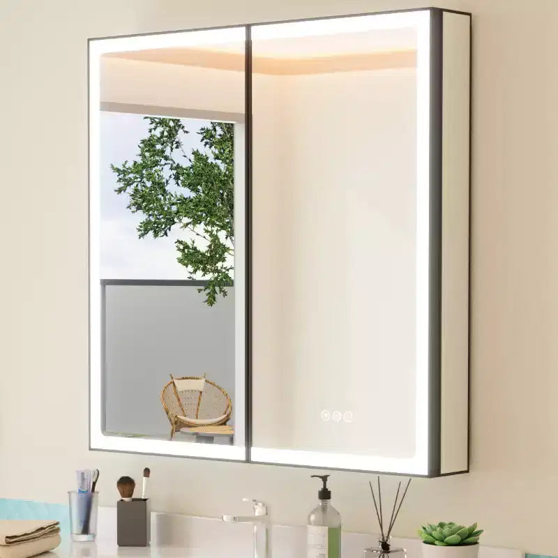 Mobiletto portamedicine grande con specchio e luce, mobiletti portamedicine da bagno a incasso/montaggio, specchio antiappannamento, ripiani regolabili, dimmerabile, nero