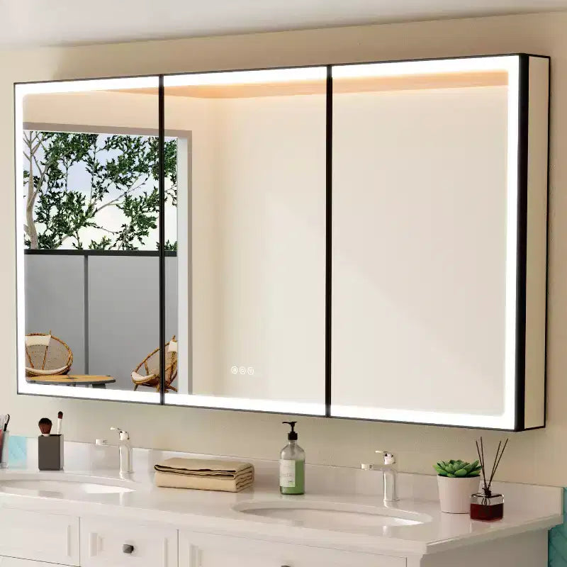 Mobiletto portamedicine grande con specchio e luce, mobiletti portamedicine da bagno a incasso/montaggio, specchio antiappannamento, ripiani regolabili, dimmerabile, nero