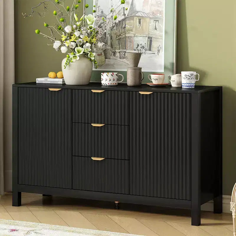 Mobile da Ingresso con Design a Onde, Ripiani Regolabili, 3 Cassetti e Ante con Chiusura Ammortizzata, Credenza Contenitore con Maniglie in Metallo, Adatta per la Casa