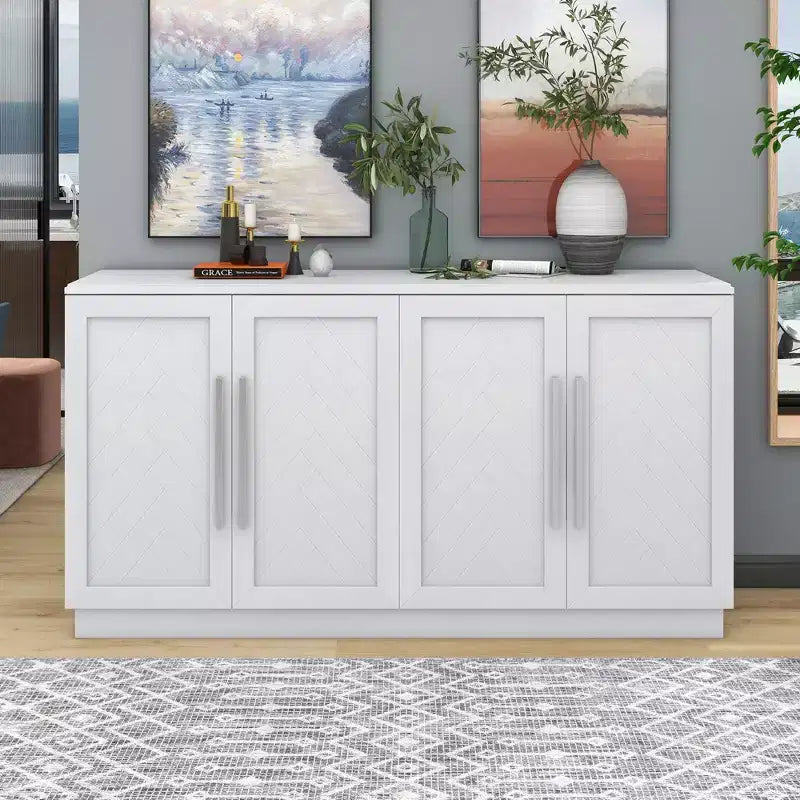 Credenza Buffet con Mobile Contenitore, Ripiani Regolabili e Maniglie Argentate per Cucina