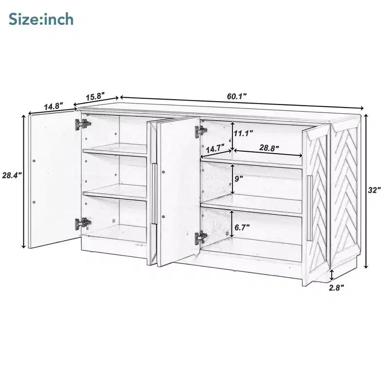 Credenza Buffet con Mobile Contenitore, Ripiani Regolabili e Maniglie Argentate per Cucina