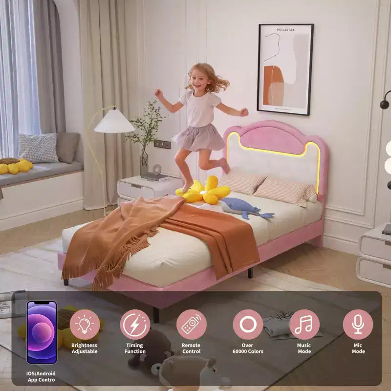 Letto a piattaforma a LED per bambine, una piazza e mezza, con testiera in tessuto e doghe in legno, non richiede rete, rosa e bianco