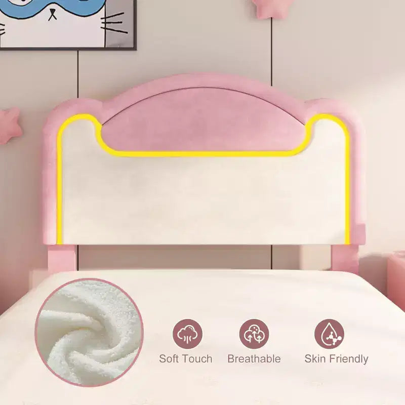 Letto a piattaforma a LED per bambine, una piazza e mezza, con testiera in tessuto e doghe in legno, non richiede rete, rosa e bianco