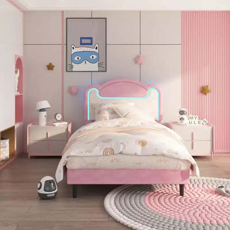 Letto a piattaforma a LED per bambine, una piazza e mezza, con testiera in tessuto e doghe in legno, non richiede rete, rosa e bianco