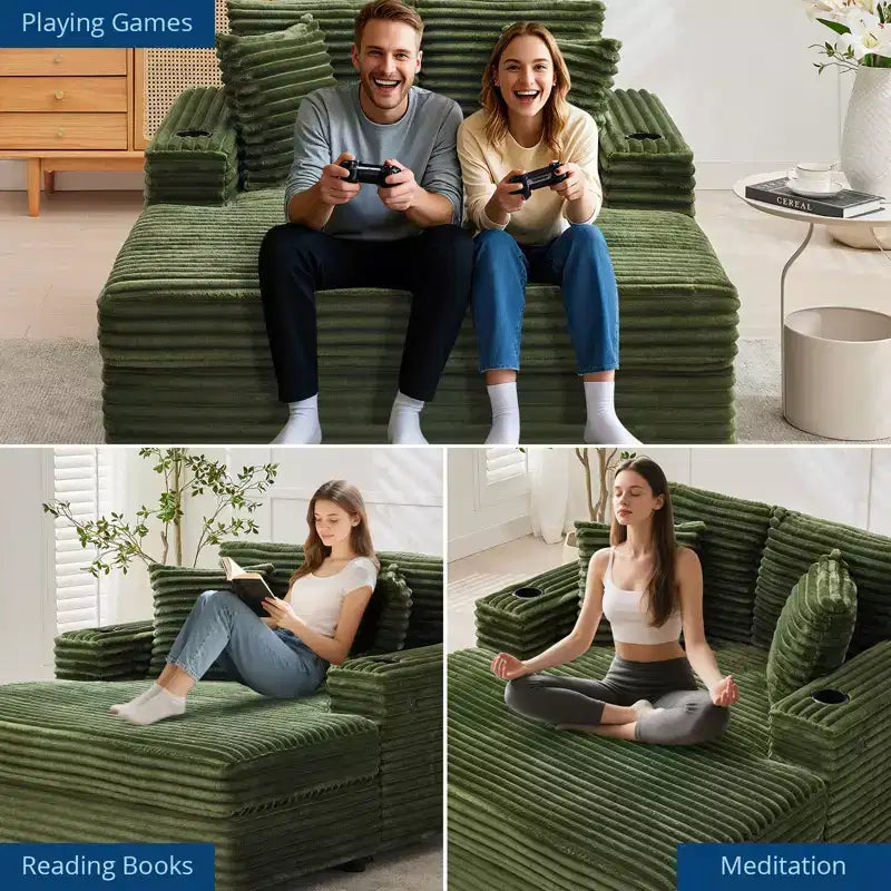 Chaise longue oversize per interni, divano lounge in velluto a coste, portabicchieri e cuscini decorativi, per casa, camera da letto, ufficio