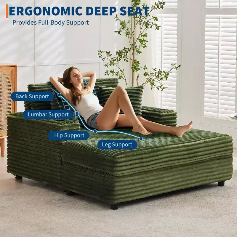 Chaise longue oversize per interni, divano lounge in velluto a coste, portabicchieri e cuscini decorativi, per casa, camera da letto, ufficio