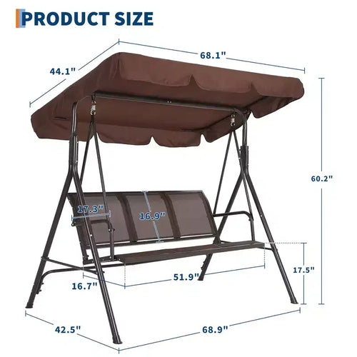 Dondolo da Esterno a 3 Posti, Tettuccio Regolabile, Telaio in Acciaio Resistente, Impermeabile e Resistente ai Raggi UV, Capacità 227 kg, per Giardino, Cortile, Prato