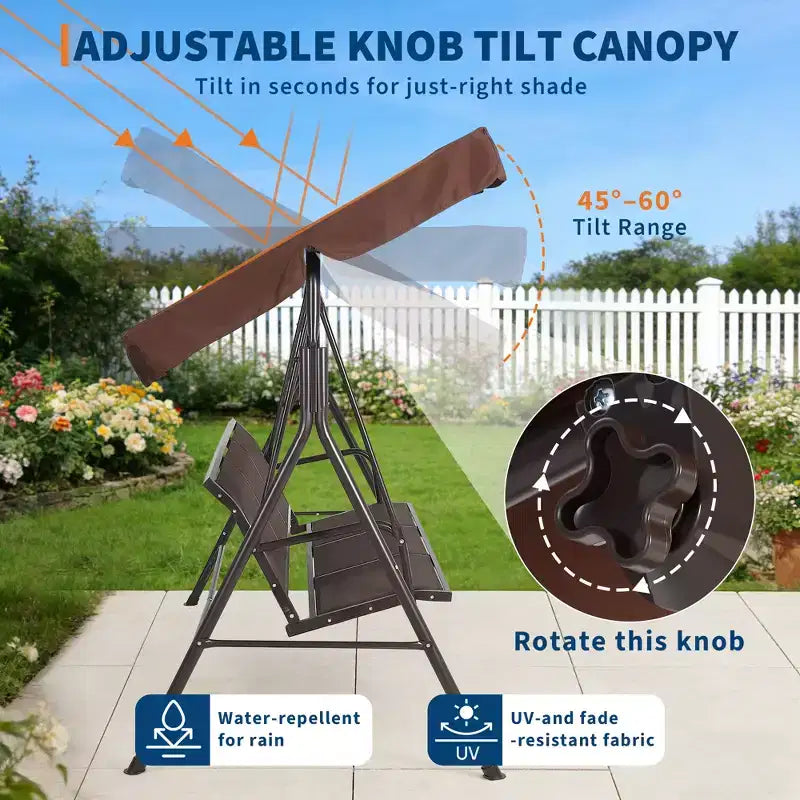 Dondolo da Esterno a 3 Posti, Tettuccio Regolabile, Telaio in Acciaio Resistente, Impermeabile e Resistente ai Raggi UV, Capacità 227 kg, per Giardino, Cortile, Prato