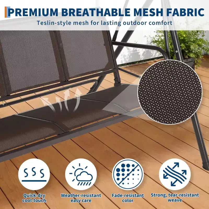 Dondolo da Esterno a 3 Posti, Tettuccio Regolabile, Telaio in Acciaio Resistente, Impermeabile e Resistente ai Raggi UV, Capacità 227 kg, per Giardino, Cortile, Prato