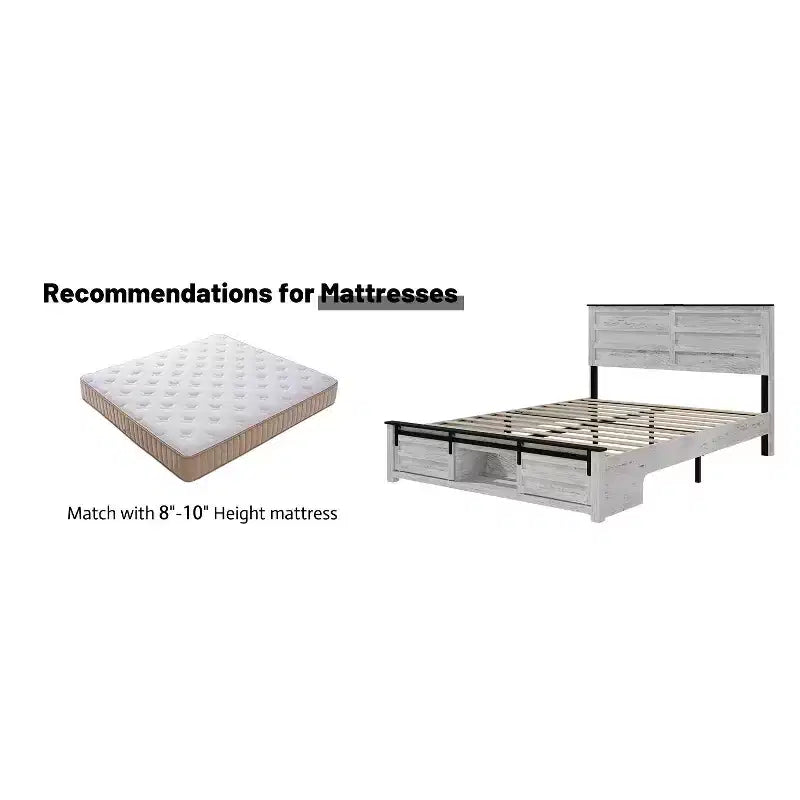 Letto a piattaforma matrimoniale/queen size con testiera imbottita e contenitore, struttura letto a piattaforma in legno con stazione di ricarica e luci a LED