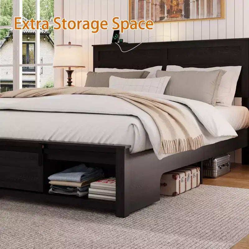 Letto a piattaforma matrimoniale/queen size con testiera imbottita e contenitore, struttura letto a piattaforma in legno con stazione di ricarica e luci a LED