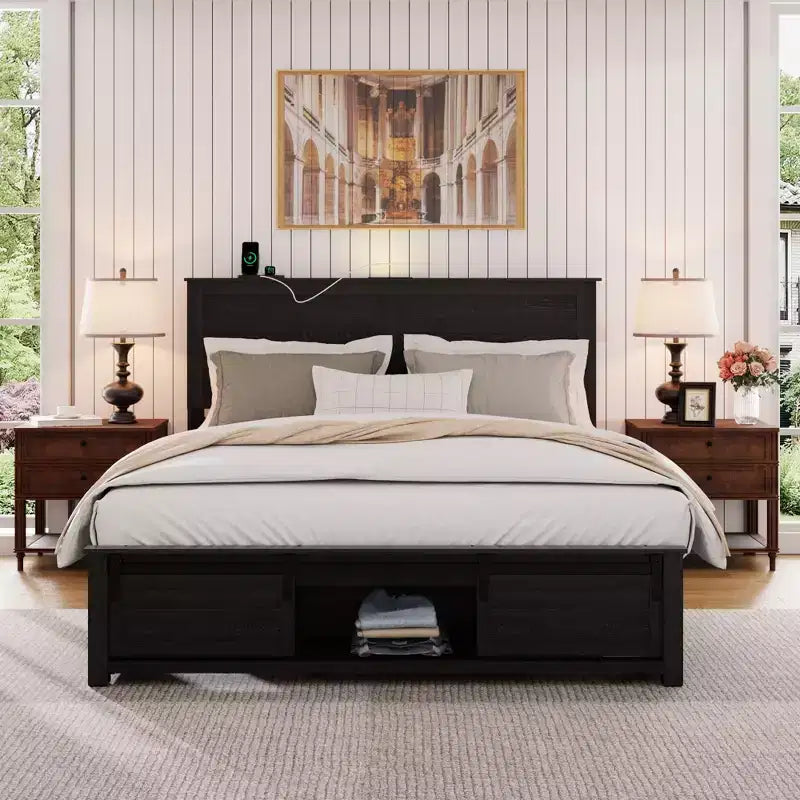 Letto a piattaforma matrimoniale/queen size con testiera imbottita e contenitore, struttura letto a piattaforma in legno con stazione di ricarica e luci a LED