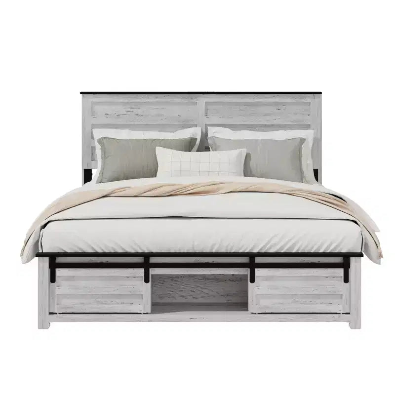 Letto a piattaforma matrimoniale/queen size con testiera imbottita e contenitore, struttura letto a piattaforma in legno con stazione di ricarica e luci a LED