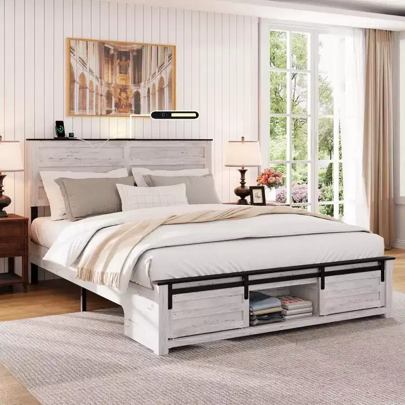 Letto a piattaforma matrimoniale/queen size con testiera imbottita e contenitore, struttura letto a piattaforma in legno con stazione di ricarica e luci a LED
