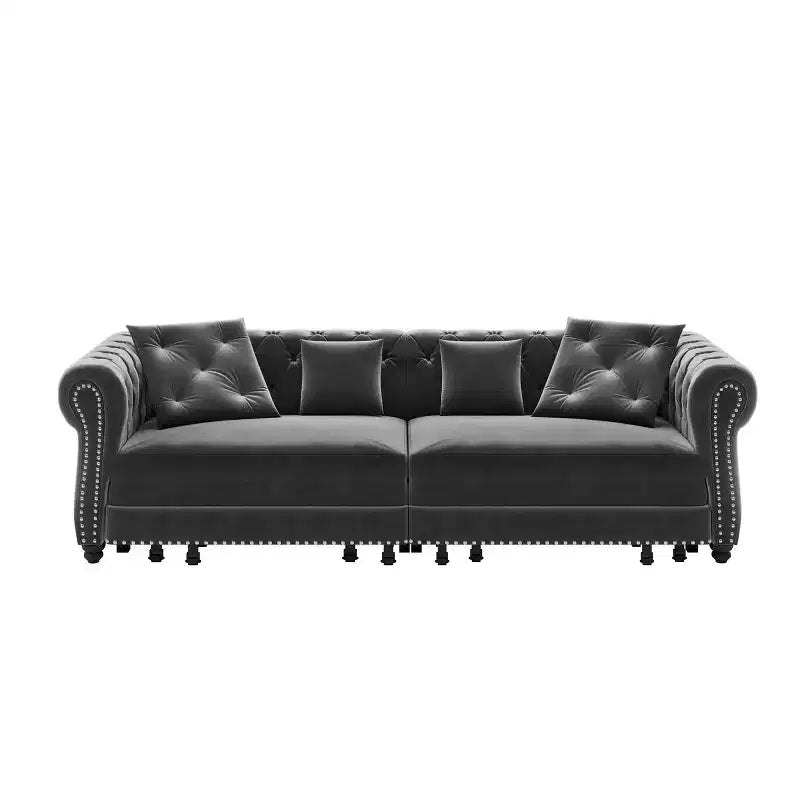Divano letto convertibile 3-in-1 King Size con chaise longue e pouf mobile, 3 posti trapuntato in velluto, grigio antracite