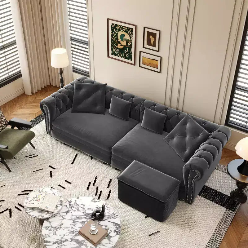 Divano letto convertibile 3-in-1 King Size con chaise longue e pouf mobile, 3 posti trapuntato in velluto, grigio antracite