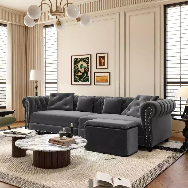 Divano letto convertibile 3-in-1 King Size con chaise longue e pouf mobile, 3 posti trapuntato in velluto, grigio antracite