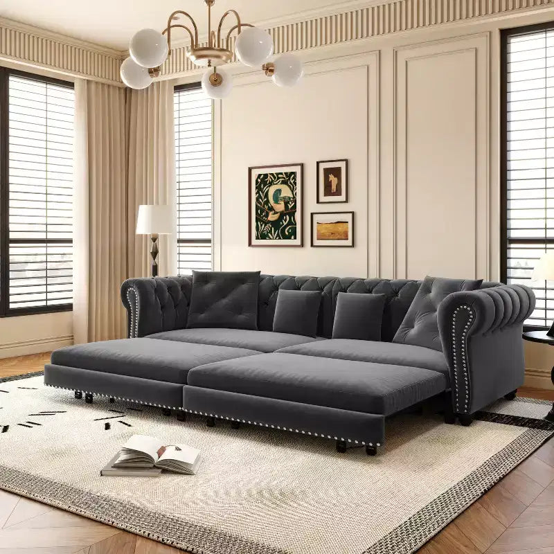 Divano letto convertibile 3-in-1 King Size con chaise longue e pouf mobile, 3 posti trapuntato in velluto, grigio antracite